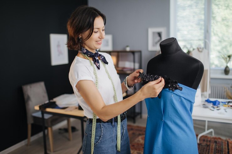Diseñador de moda ajustando vestido azul en maniquí