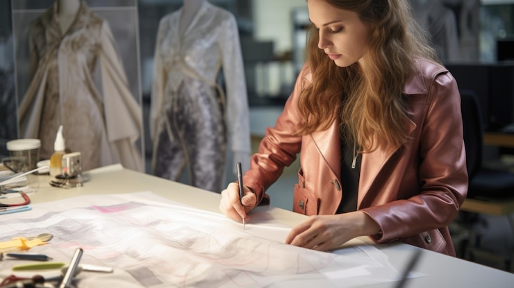 Foto diseñador de moda de costura constructor trabaja en la creación de ropa un especialista diseña artículos de armario crea dibujos y patrones implementación técnica de ideas de moda