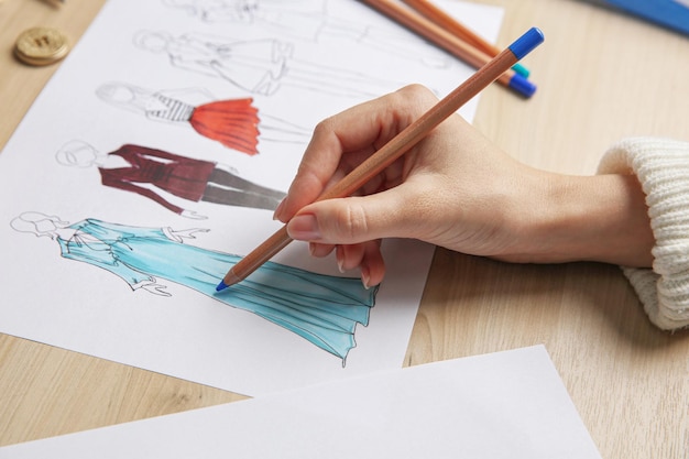 Diseñador de moda creando ropa nueva en cuaderno de bocetos en el primer plano de la mesa de madera