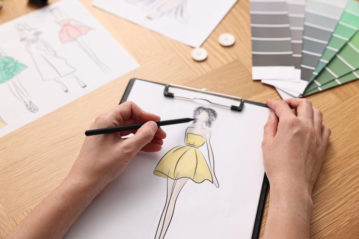 Foto diseñador de moda dibujando un boceto de un hermoso vestido en un primer plano de mesa de madera