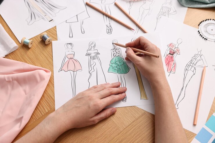 Foto diseñador de moda dibujando un boceto de un hermoso vestido en la vista superior de la mesa de madera