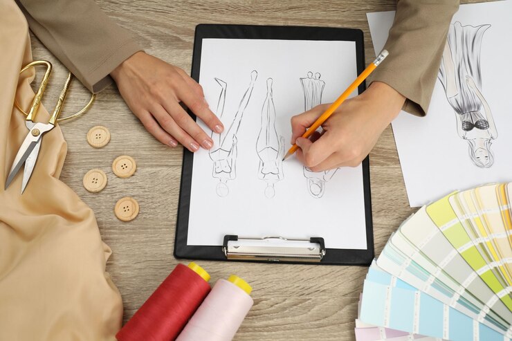 Foto diseñador de moda dibujando un boceto de ropa elegante en una mesa de madera