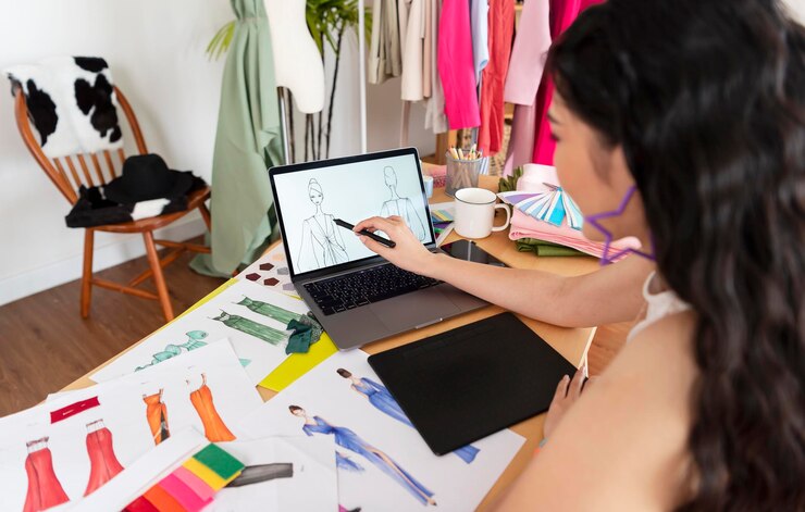 Foto diseñador de moda dibujando bocetos para una nueva colección en computadora portátil taller creativo de diseñador