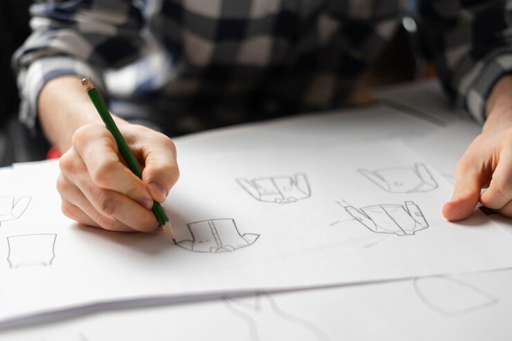 Foto diseñador de moda dibujar concepto de ropa con lápiz b