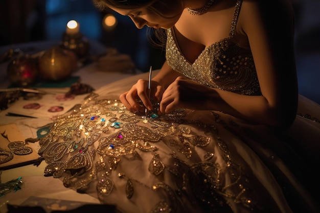 El diseñador de moda está cosiendo y decorando un elegante vestido generativo ai.