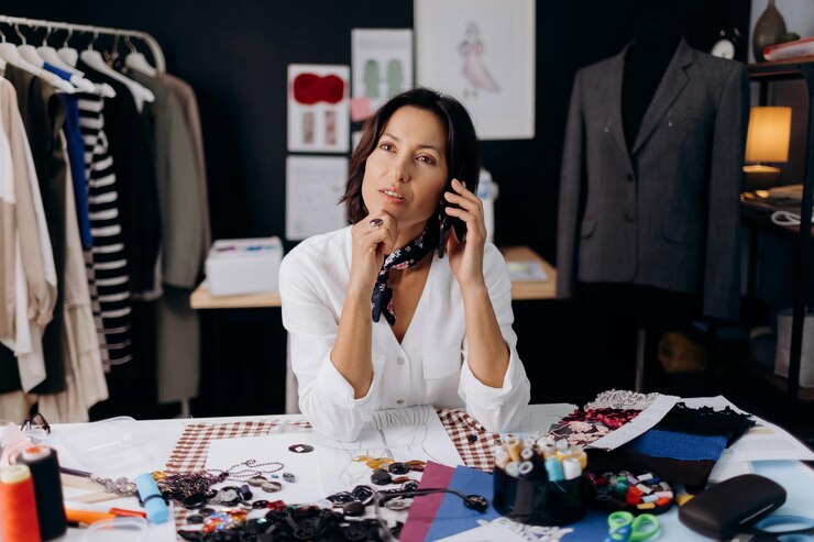 Diseñador de moda hablando por móvil