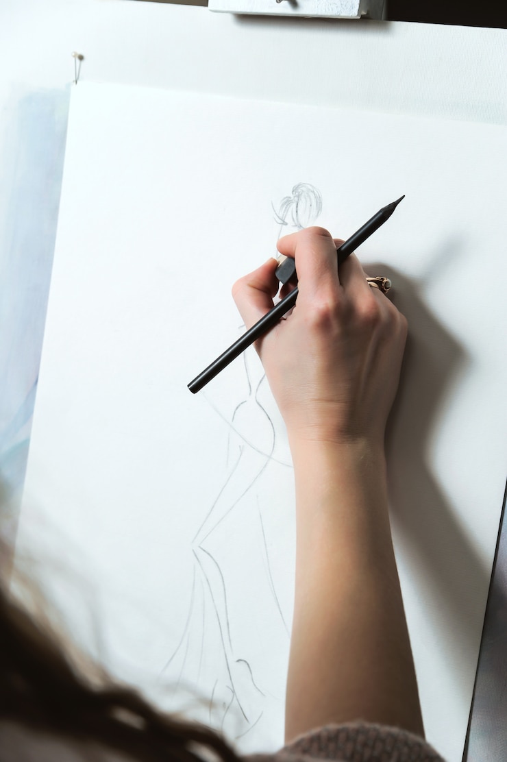 Foto diseñador de moda mujer crea un boceto de vestido.