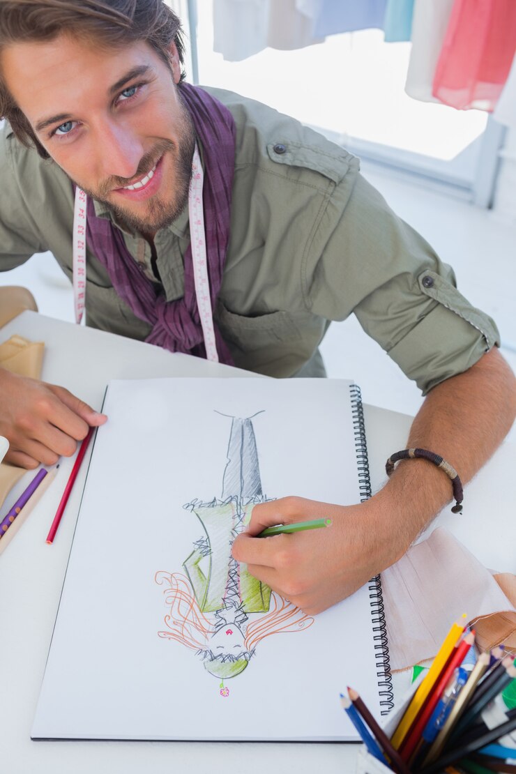 Foto diseñador de moda sonriente dibujando un abrigo