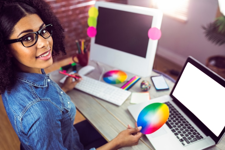 Foto diseñador de mujer casual sonriendo y sosteniendo la carta de colores