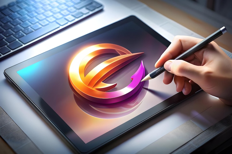 Foto diseñador profesional creando un logotipo brillante en una tableta en un estudio creativo primer plano del lápiz en uso