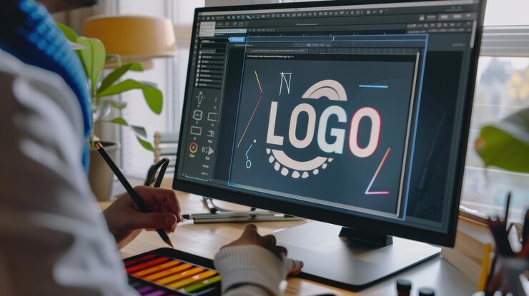 Foto el diseñador que crea el logotipo