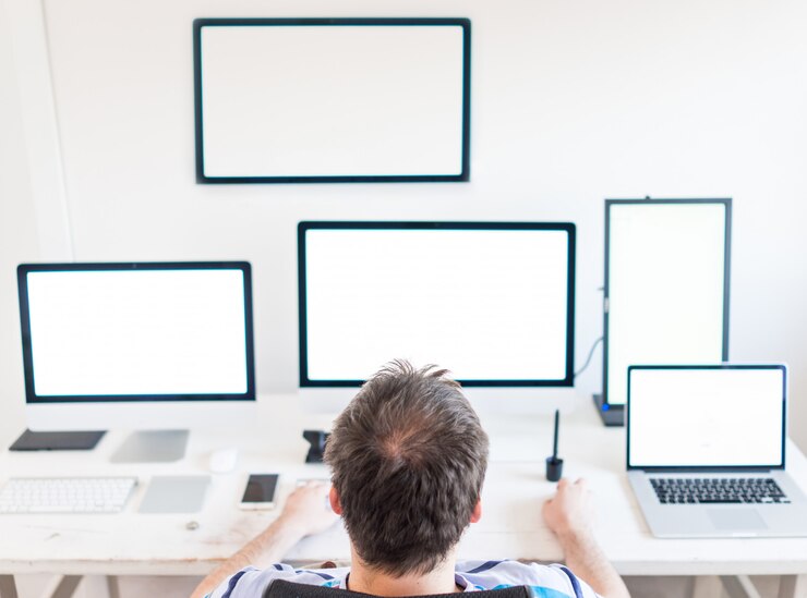 Foto diseñador que trabaja en las pantallas de la computadora de escritorio con el fondo del espacio de trabajo