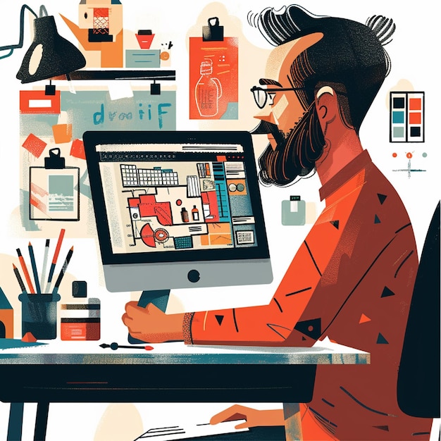 Un diseñador que utiliza software como Illustrator para refinar los detalles de los iconos