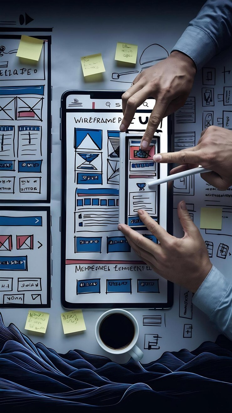 Foto diseñador que utiliza una tableta para planificar el wireframe de un sitio web móvil ux ui desarrollo de aplicaciones