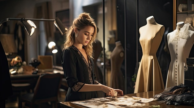 El diseñador de ropa de mujer de moda ajusta los estilos de vestimenta para los clientes en la boutique