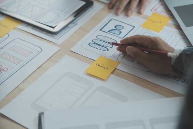 Diseñador de sitios web Desarrollo de aplicaciones de planificación creativa Borrador de boceto Plantilla de diseño de marco Estudio de diseño de estructura alámbrica Concepto de experiencia de usuario