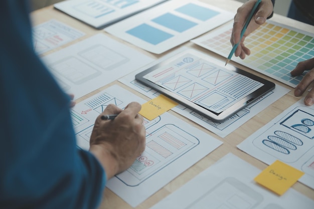Diseñador de sitios web Desarrollo de aplicaciones de planificación creativa Borrador de boceto Plantilla de diseño de marco Estudio de diseño de estructura alámbrica Concepto de experiencia de usuario