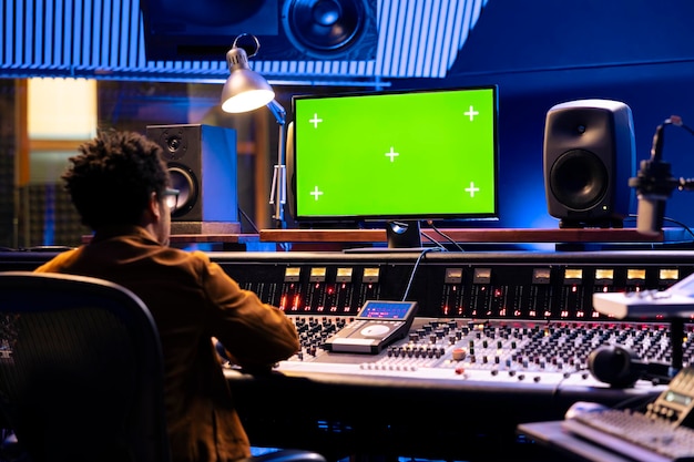 El diseñador de sonido afroamericano trabaja con un monitor de pantalla verde