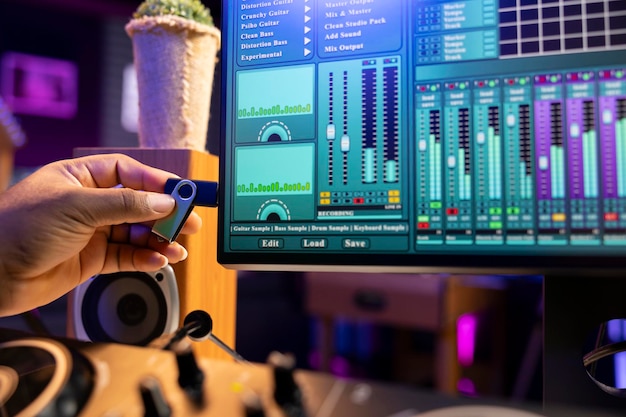 Diseñador de sonido copiando grabaciones de audio de una unidad USB para comenzar la edición
