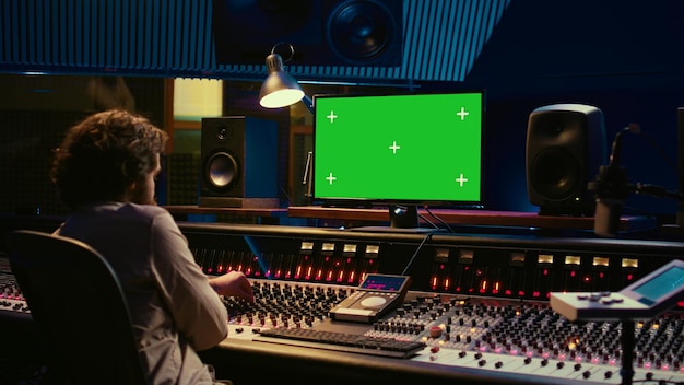 Diseñador de sonido edición y grabación de pistas con consola de mezcla en la sala de control