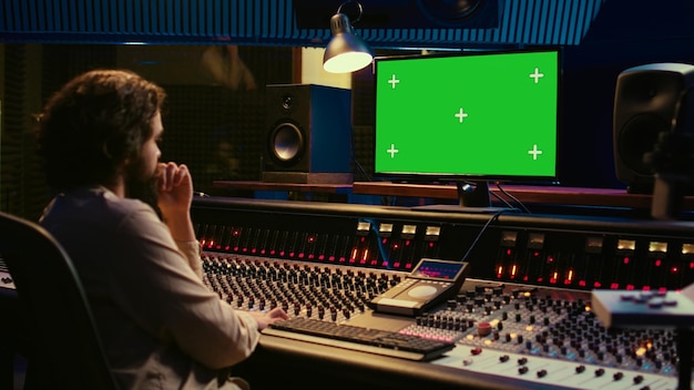 El diseñador de sonido ve tutoriales en línea a través de un monitor de pantalla verde
