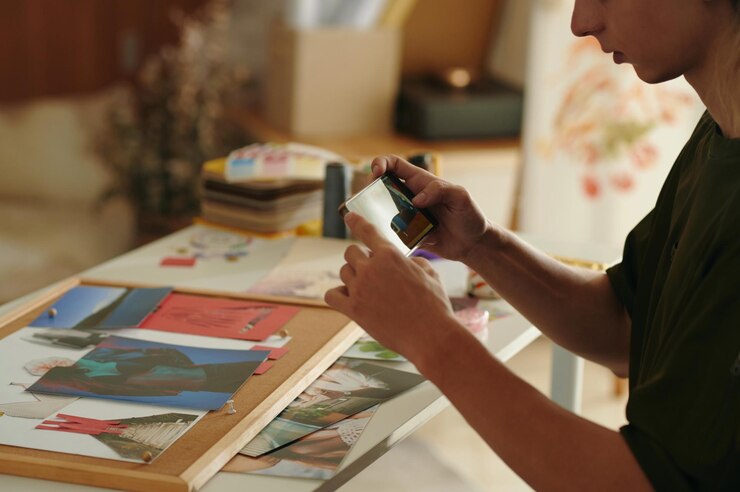 Foto diseñador tomando una foto de collage en su teléfono inteligente