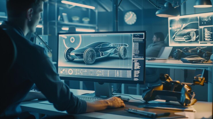 Foto un diseñador trabajando en un modelo de coche futurista en una computadora en un espacio de trabajo de alta tecnología