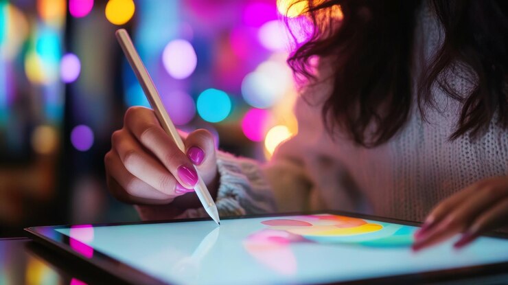 Foto diseñador trabajando en un proyecto de diseño gráfico digital usando una tableta y un bolígrafo