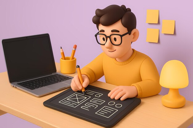 Un diseñador de UIUX de dibujos animados en 3D trabajando en una maqueta de sitio web