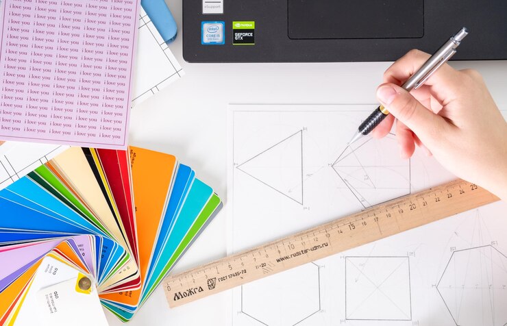 Foto diseñadora gráfica con paletauna mujer joven trabaja de forma remota con un cliente seleccionando el color deseado de la paleta de colores color color paleta de colores panton diseñadora gráfica independiente