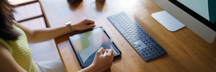 Foto diseñadora gráfica que trabaja en tableta digital y computadora diseñadora artista mujer asiática