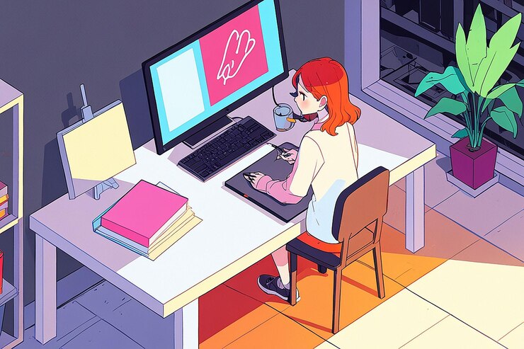 Foto diseñadora isométrica que trabaja con tableta gráfica sentada en casa o en la oficina