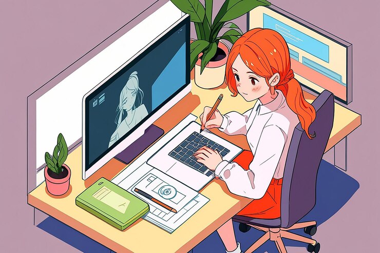 Foto diseñadora isométrica que trabaja con tableta gráfica sentada en casa o en la oficina