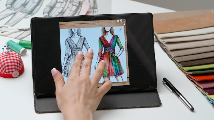 Foto la diseñadora de moda trabaja en una pantalla táctil de tableta gráfica digital con ilustraciones de ropa