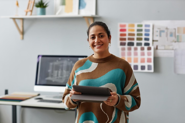 Foto diseñadora que trabaja en línea en una tableta digital