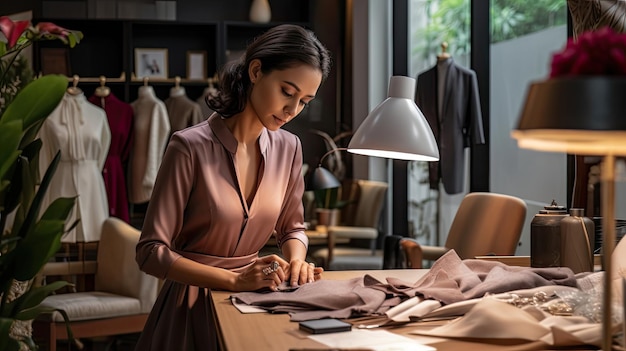 La diseñadora de ropa de moda para mujeres hermosas ajusta los estilos para los clientes en la boutique