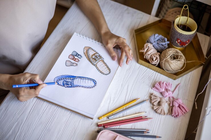 Foto diseñadora de ropa y zapatos de mujer creativa dibujando bocetos coloreados de zapatillas trabajando en el escritorio de casa