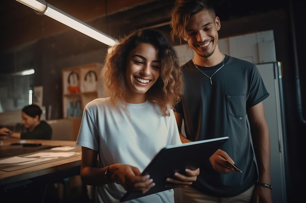 Foto diseñadores colegas personas una mujer y un hombre trabajan en equipo en la oficina usando una tableta positiva