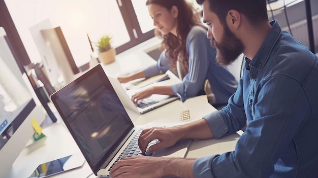 Foto diseñadores usando una computadora portátil juntos en el trabajo