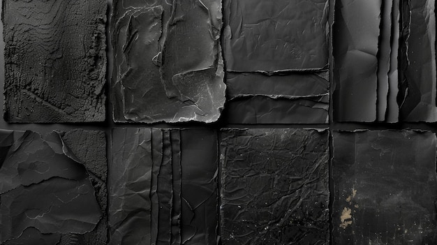 Diseñar una colección de viejas texturas de papel negro cada pieza que muestra un aspecto antiguo y angustiado único Centrarse en la creación de una variedad de texturas que evoquen un sentido de la historia AI Generativo