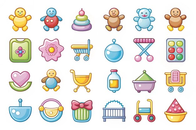 Diseñar un conjunto de iconos web coloridos con artículos esenciales para bebés
