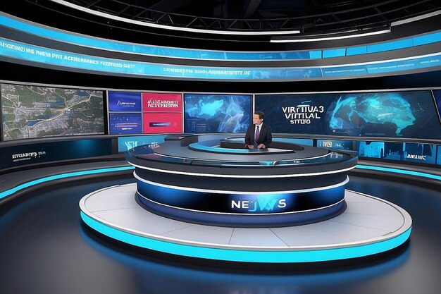 Diseñar un estudio de noticias virtual con un ticker de noticias virtual 3D envolviendo todo el conjunto