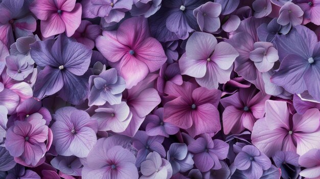 Diseñar un fondo floral vibrante lleno de pétalos exuberantes en varios tonos de púrpura capturando su fragancia y belleza natural La textura debe ser rica y detallada