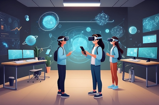 Diseñar un gráfico vectorial de estudiantes que utilizan tecnología VR para explorar conceptos científicos en un entorno virtual ilustración vectorial en estilo plano