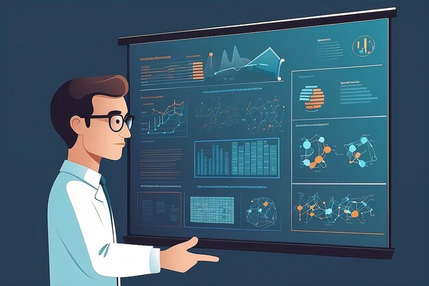 Diseñar un gráfico vectorial de un maestro que explique los principios de la bioinformática ilustración vectorial en estilo plano