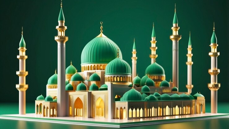 Diseñar un icono 3D de una hermosa mezquita islámica con una cúpula prominente y minaretes