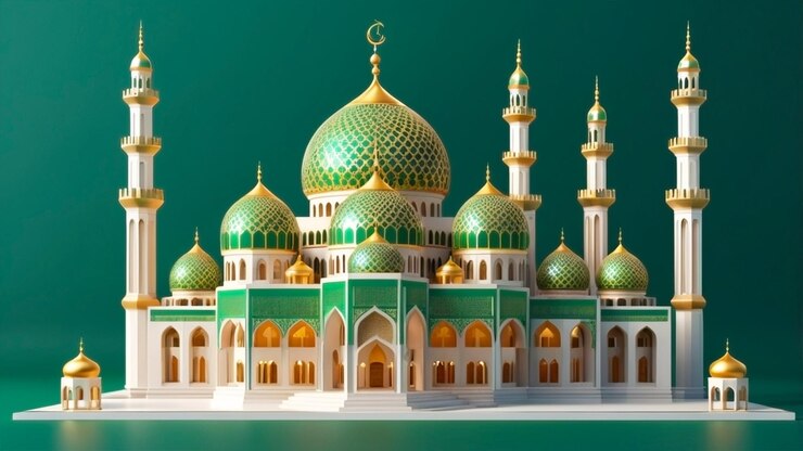 Diseñar un icono 3D de una hermosa mezquita islámica con una cúpula prominente y minaretes
