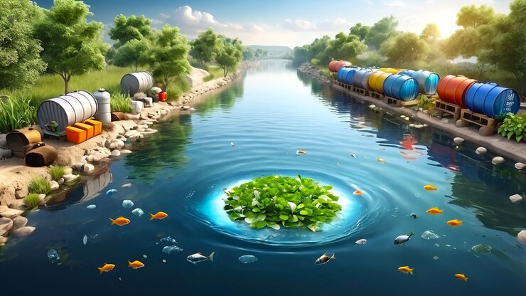 Diseñar una ilustración de estilo 3D que muestre un río con agua contaminada en el otro