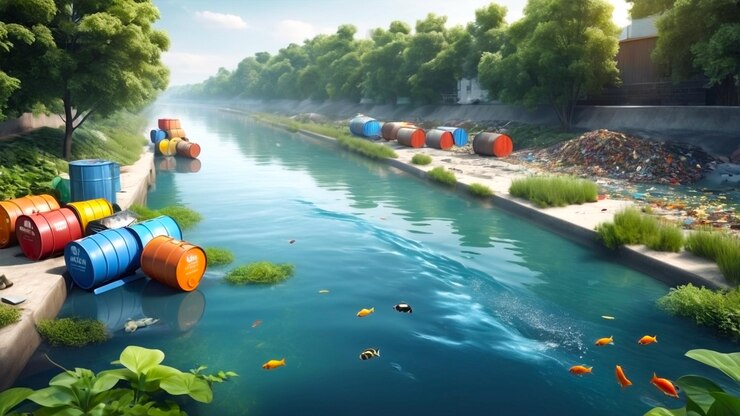 Diseñar una ilustración de estilo 3D que muestre un río con agua contaminada en el otro