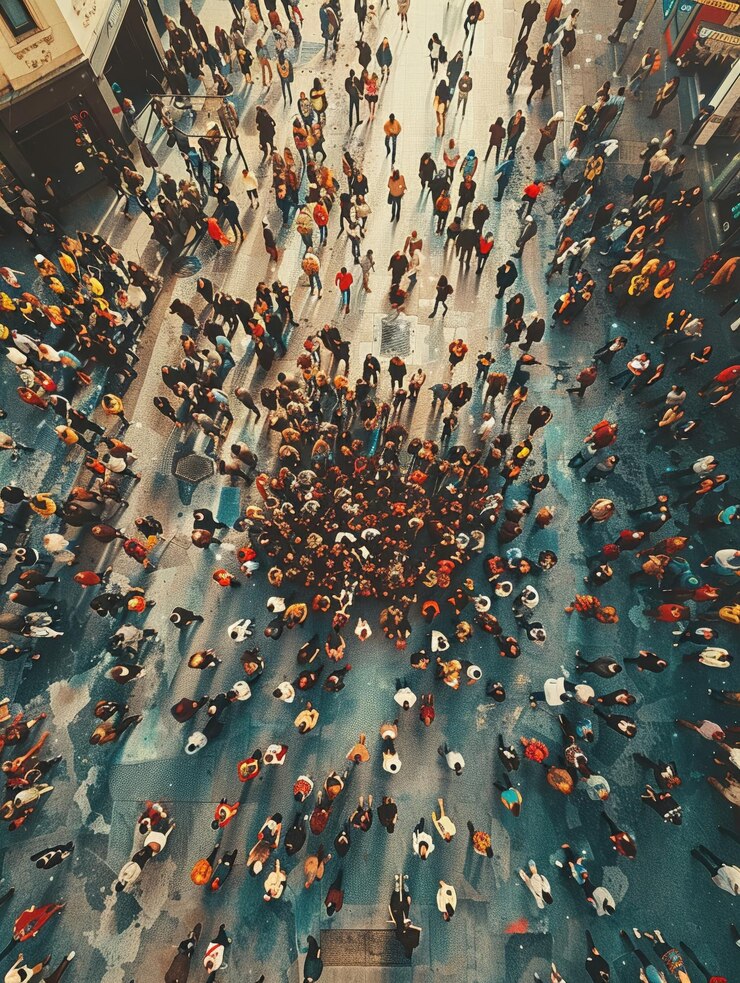 Diseñar una imagen convincente que muestre una vista de pájaro de una plaza de la ciudad abarrotada con personas que se involucran i
